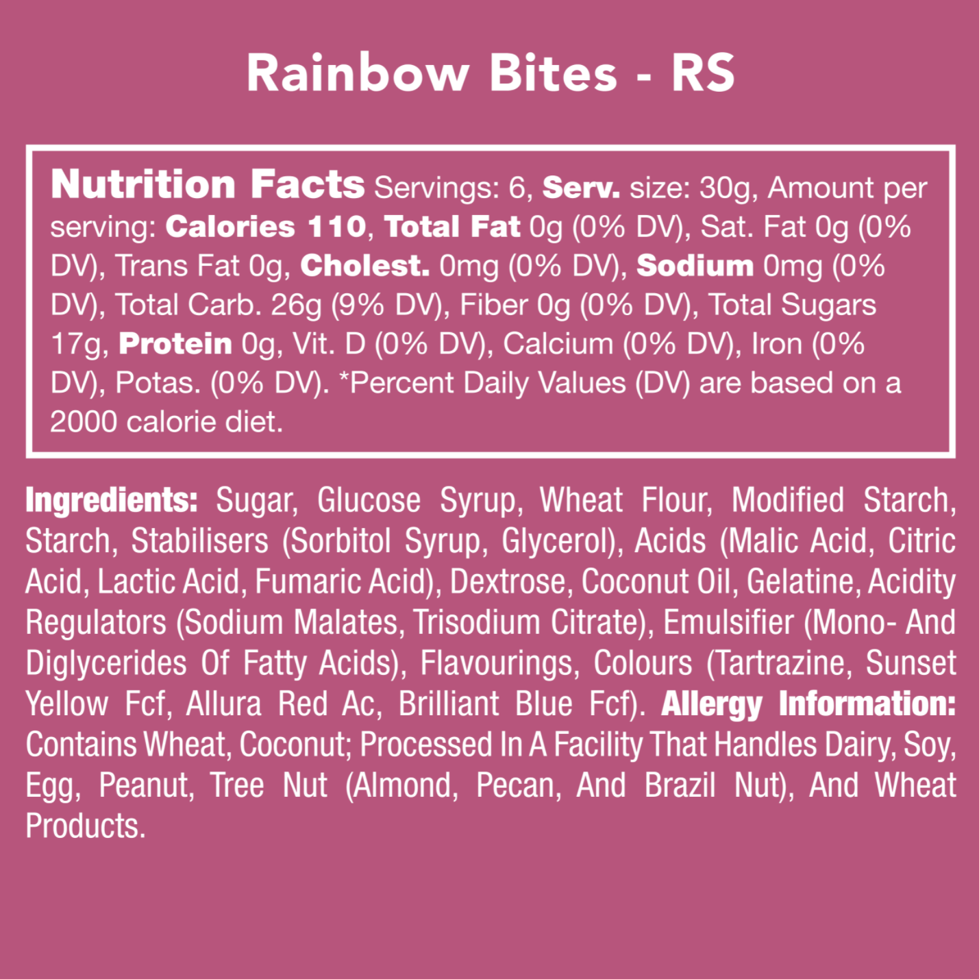 Rainbow Bites Nutrition Label
