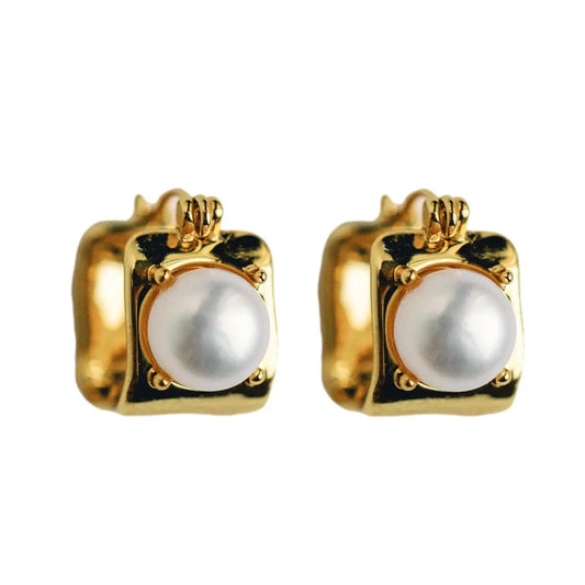 Vintage Mini Square Gold Pearl Huggie Hoops