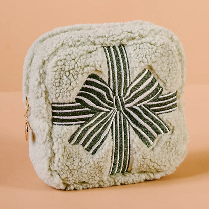 Square Holiday Gift Bow Green Teddy Pouch