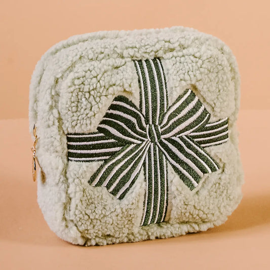 Square Holiday Gift Bow Green Teddy Pouch