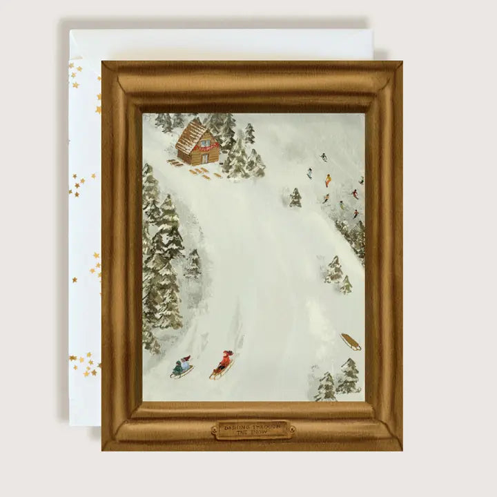 Holiday Sledding Scene with Vintage Frame Card