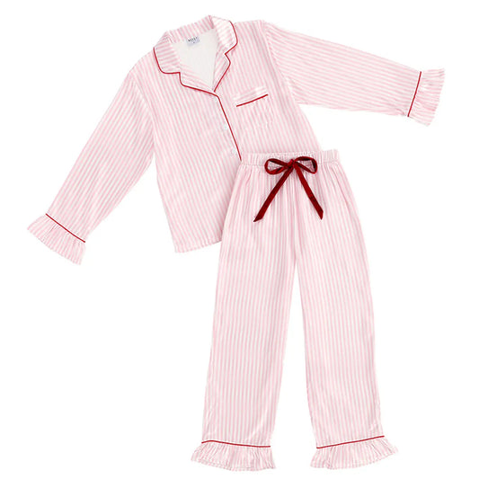 Pink Stripe Ruffle Satin PJ Set