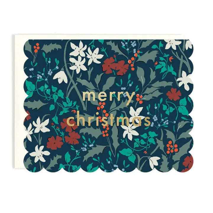 Merry Christmas Scalloped Floral Holiday Card