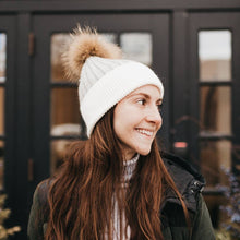 Load image into Gallery viewer, Angora Knit Fur Pom Beanie: Cream with Coffee Trim
