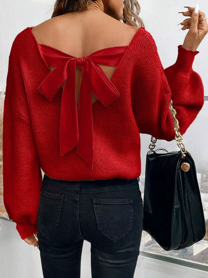V Neck Lantern Sleeve Knot Back Sweater