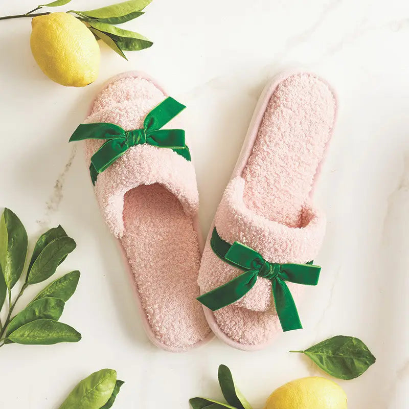 Teddy Slippers with Velvet Bow - Light Pink & Green