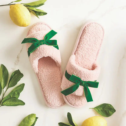 Teddy Slippers with Velvet Bow - Light Pink & Green