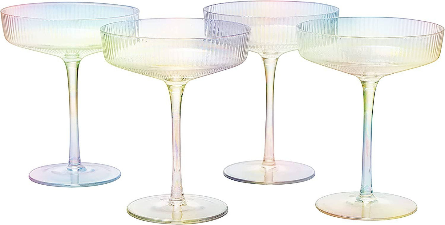Ripple Ribbed Champagne Coupe Iridescent Colored | Set of 2