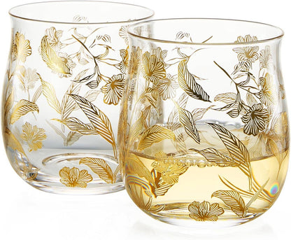 Vintage Gold Floral Decal Tumbler Glassware | Set of 2