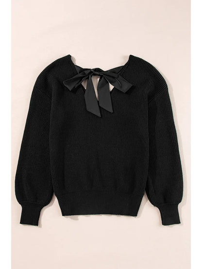 V Neck Lantern Sleeve Knot Back Sweater