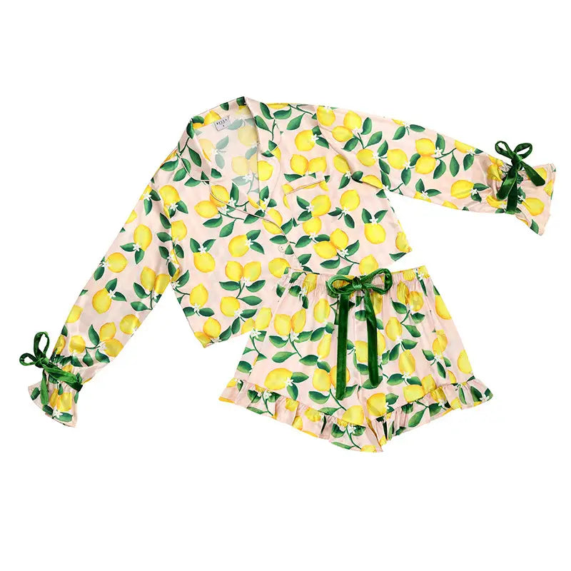 Pink Stripes + Lemons Ruffle Satin Short PJ Set