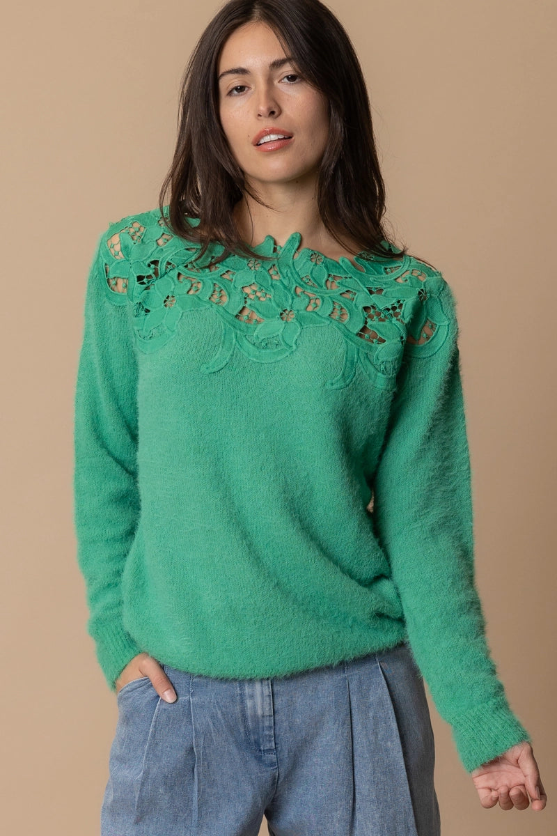 Green Lace Neck Line Sweater