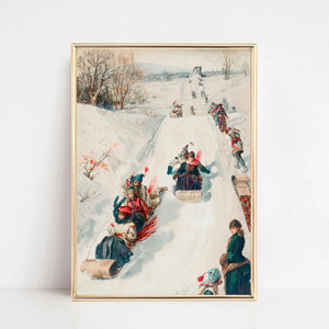 Vintage Christmas Sledding Art Print