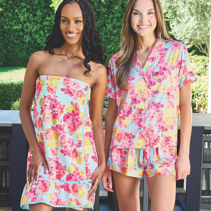 Blue + Rose Floral Satin Short PJ Set