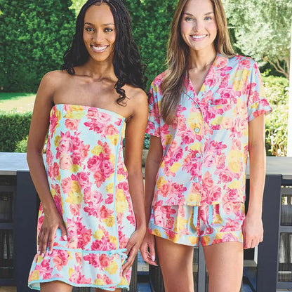 Blue + Rose Floral Satin Short PJ Set
