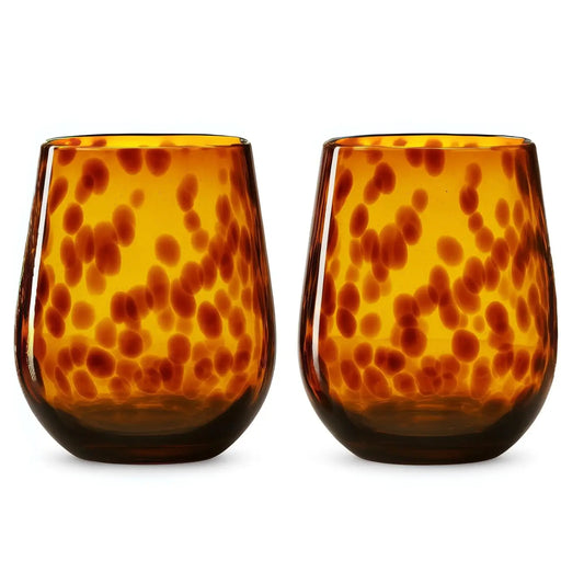 Leopard Print Amber Colored Stemless Wine Glass |  Set of 2