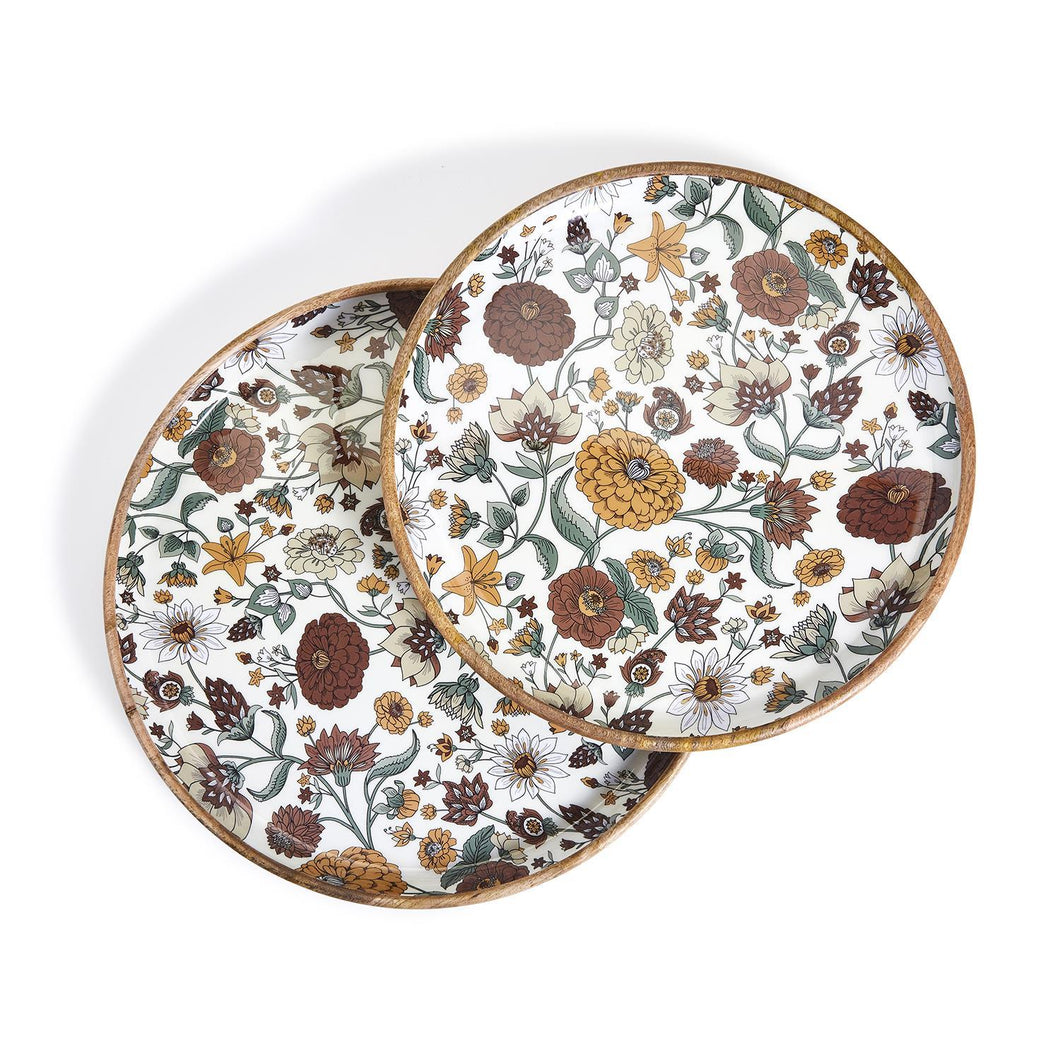Muted Florals Enameled Wood Low Bowls