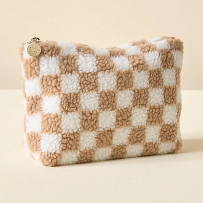 Checkered Tan Teddy Pouch