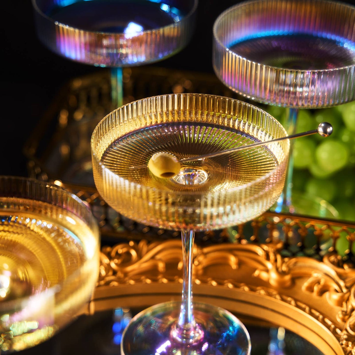 Ripple Ribbed Champagne Coupe Iridescent Colored | Set of 2
