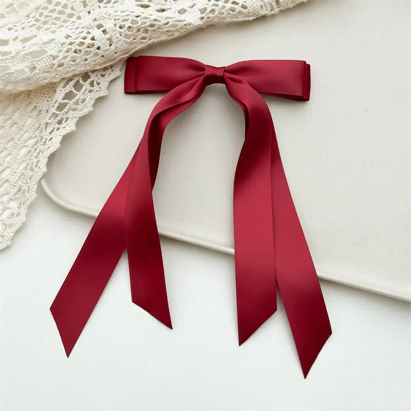 Double Bow Long Ribbon Barrette Clip