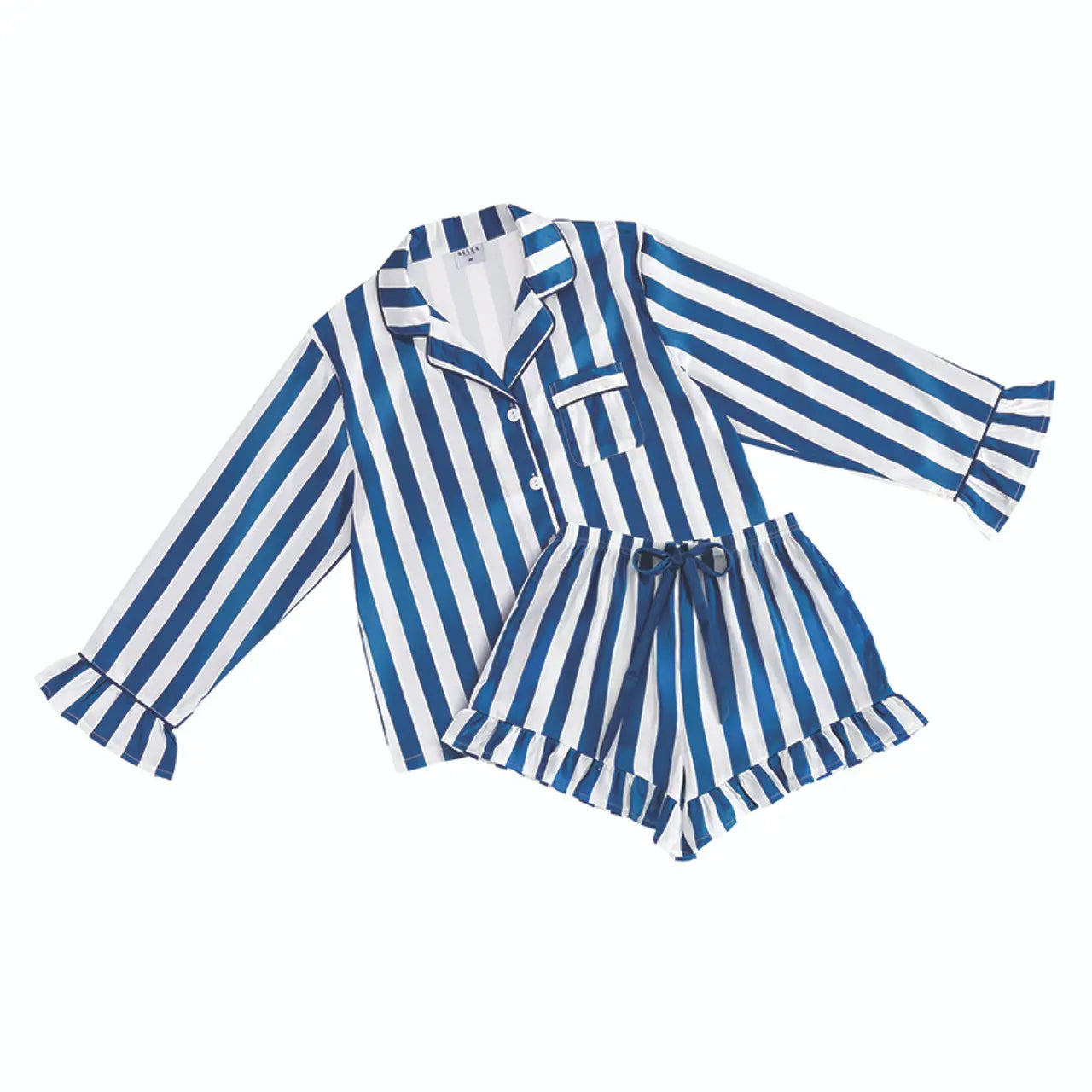Blue Stripe Ruffle Satin Short PJ Set
