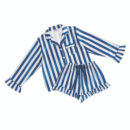 Blue Stripe Ruffle Satin Short PJ Set