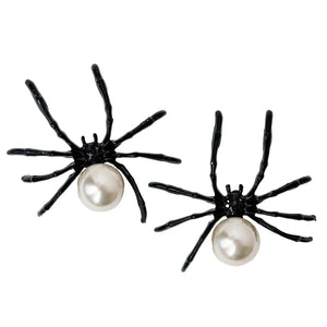 Black Spider and Pearl Halloween Earrings