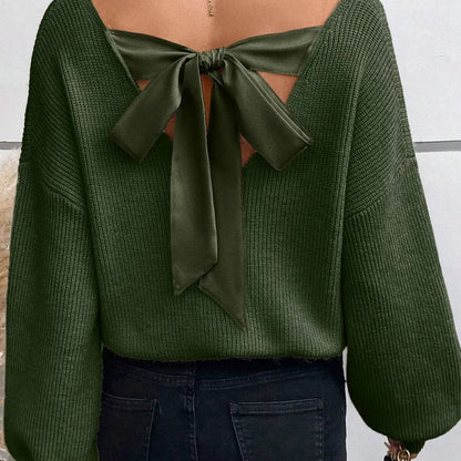 Green V Neck Lantern Sleeve Knot Back Sweater