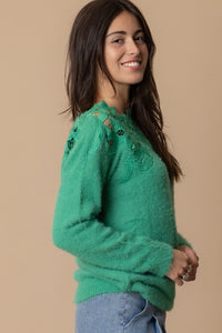 Green Lace Neck Line Sweater