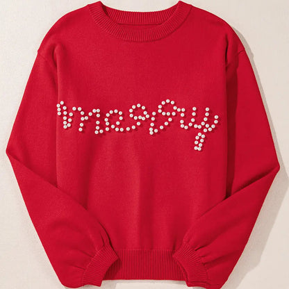 Red Pearl Beaded Merry Sweater