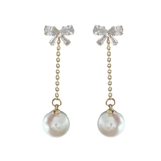 Crystal Bow and Pearl Drop Swingy Statement Earrings