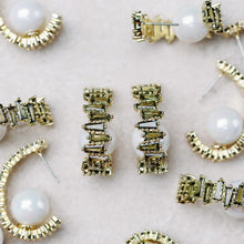 Load image into Gallery viewer, Green Rhinestone and Pearl Hoop Earrings
