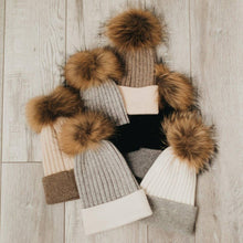 Load image into Gallery viewer, Angora Knit Fur Pom Beanie: Cream with Coffee Trim
