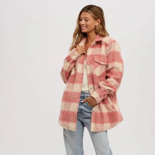 Load image into Gallery viewer, Woman wearing classic outfit with Pink Flannel Jacket on top
