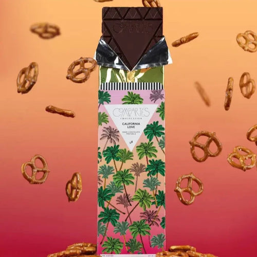 Chocolate bar with palm tree wrapper and pretzels surrounding it
