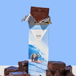 Blue packaged chocolate bar with brownies surrounding
