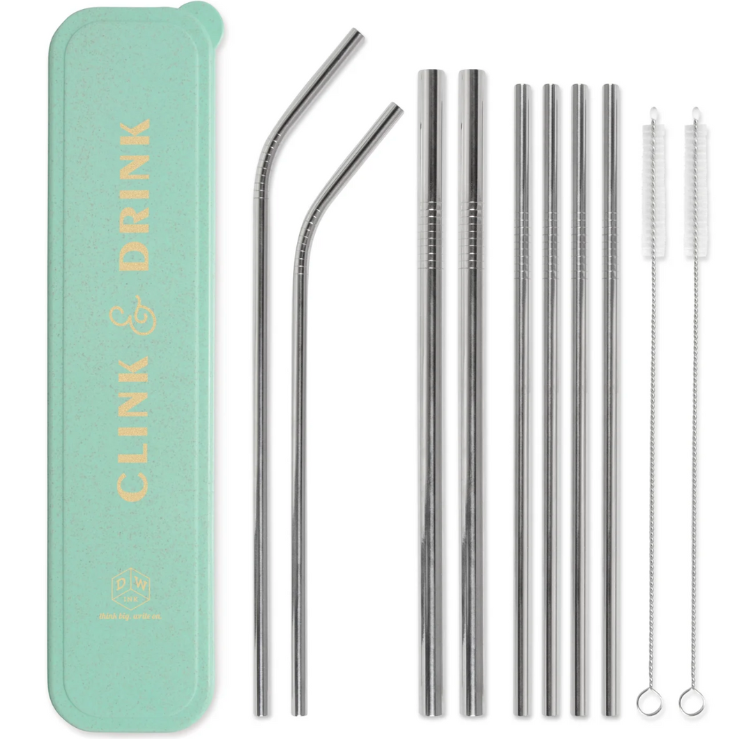 Clink and Drink Steel Straw Set displayed with all straw options and sizes and Green Case