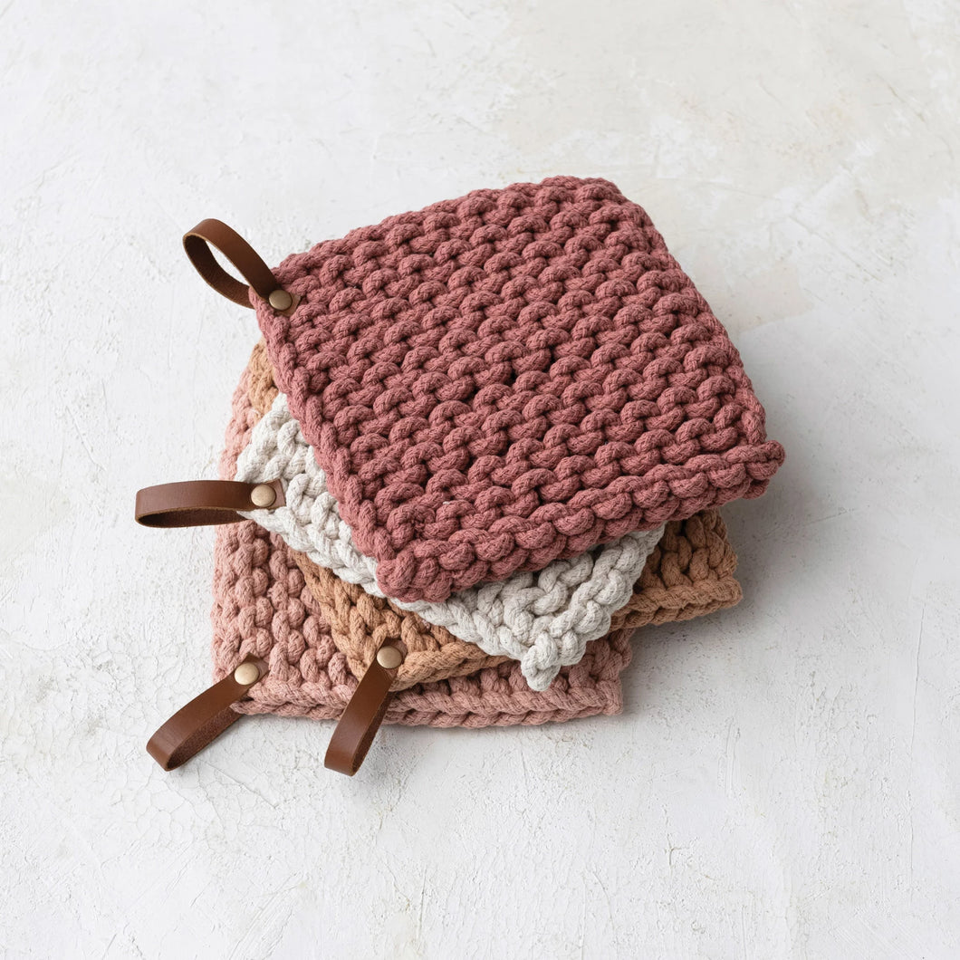 Crocheted Pot Holder with Leather Loop