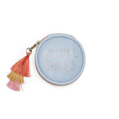 "Chill Pills" pill case in blue with citrus multi colored tassel 