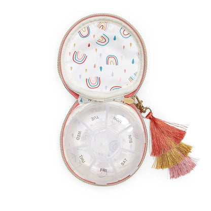 Open "Chill Pills" pill case in blue with citrus multi colored tassel with Rainbow interior and days of the week plastic  case