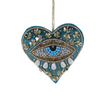 Load image into Gallery viewer, Teal Felt heart with beautifully beaded evil eye ornamentt 
