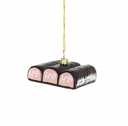 Hanging Ornament with 3 Chocolate covered Ho Ho's stating 