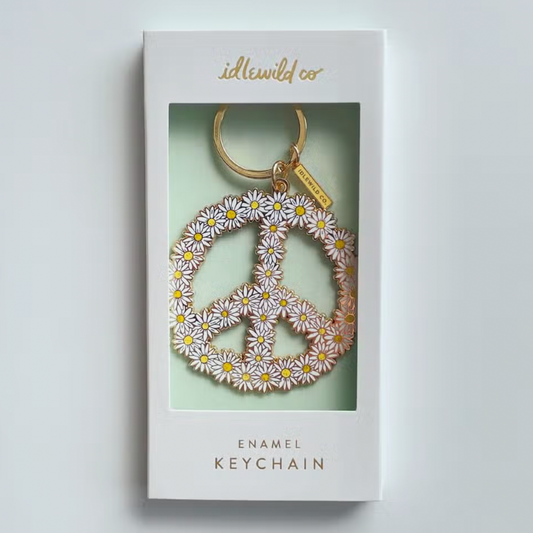 Idlewild Co Peace Sign Keychain shown boxed - With metal daisy adorn Peace Sign on chain