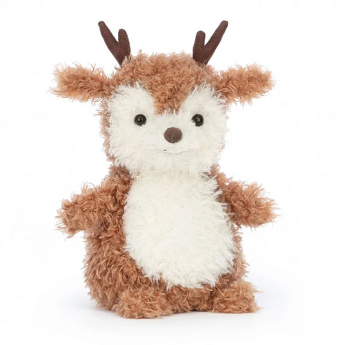 Jellycat Little Reindeer with curly brown fur and cute little antlers 