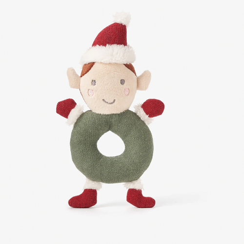 Green Elf Knit Ring Rattle with Red hat hand and feet 