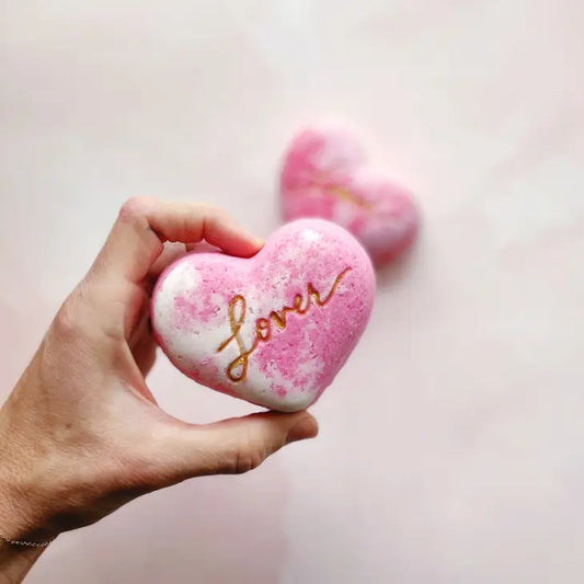 These "lover" tie dye pink and white Bath Bomb hearts are so sweet for Valentine's  and smell like sandalwood vanilla.