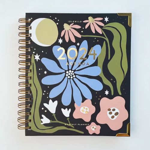Spiral Planner with Midnight Fluer design with florals, moon and stars