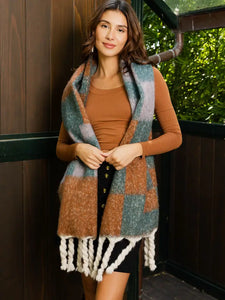 Tassel Teal Checkered Scarf