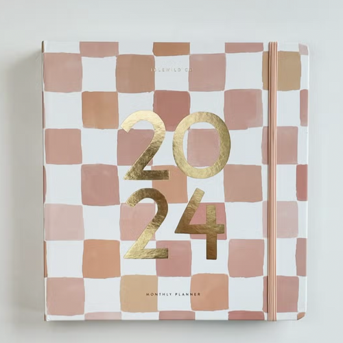 2024 Planner featuring a hidden spiral and nude checker print with foil gold 2024 on exterior