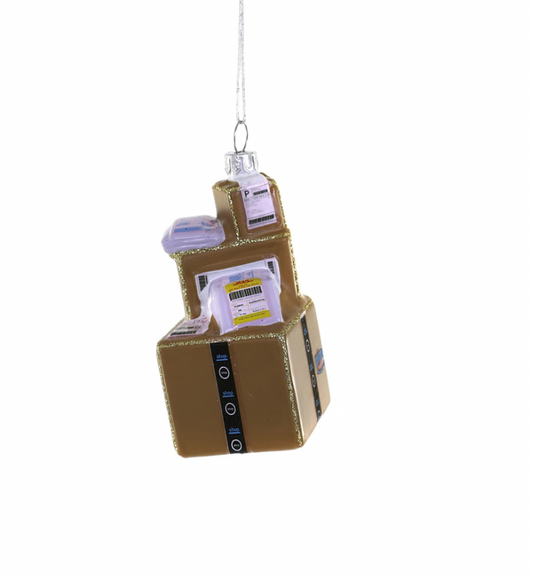Online Shopper Ornament showcaseing stacked boxes and packages 